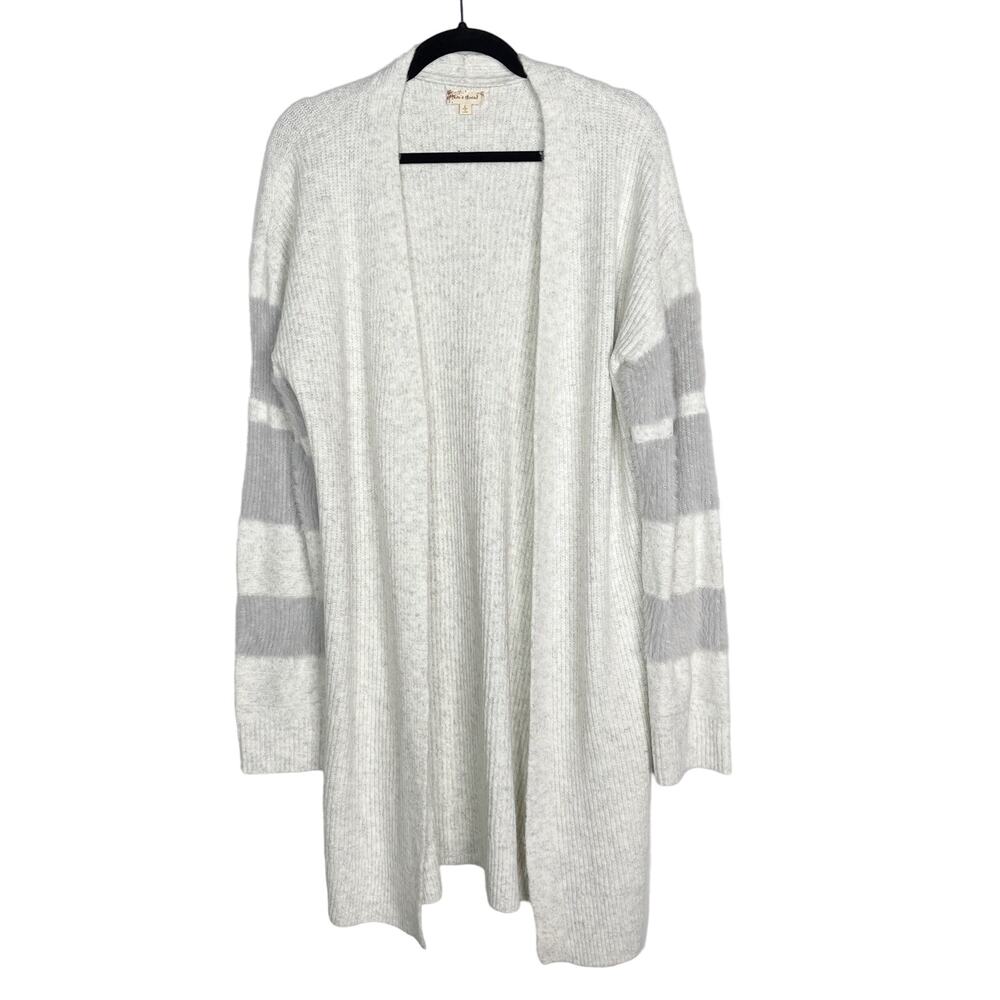 New Hem & Thread Large L Gray Striped Sleeve Open Front Cardigan Sweater Cozy